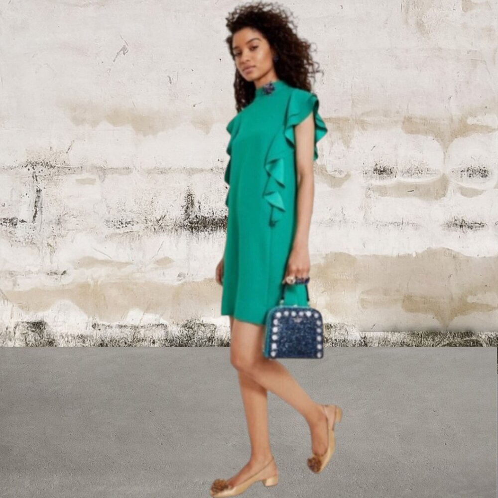 Kate Spade Women's Green Satin Crepe Flutter Sleeve Dress Size Small